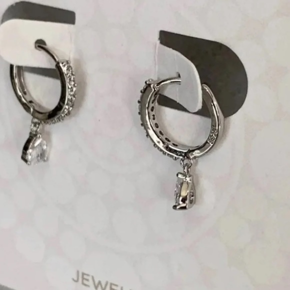 Silver Crystal Tear Drop Huggie Hoop Earrings - Picture 2 of 3